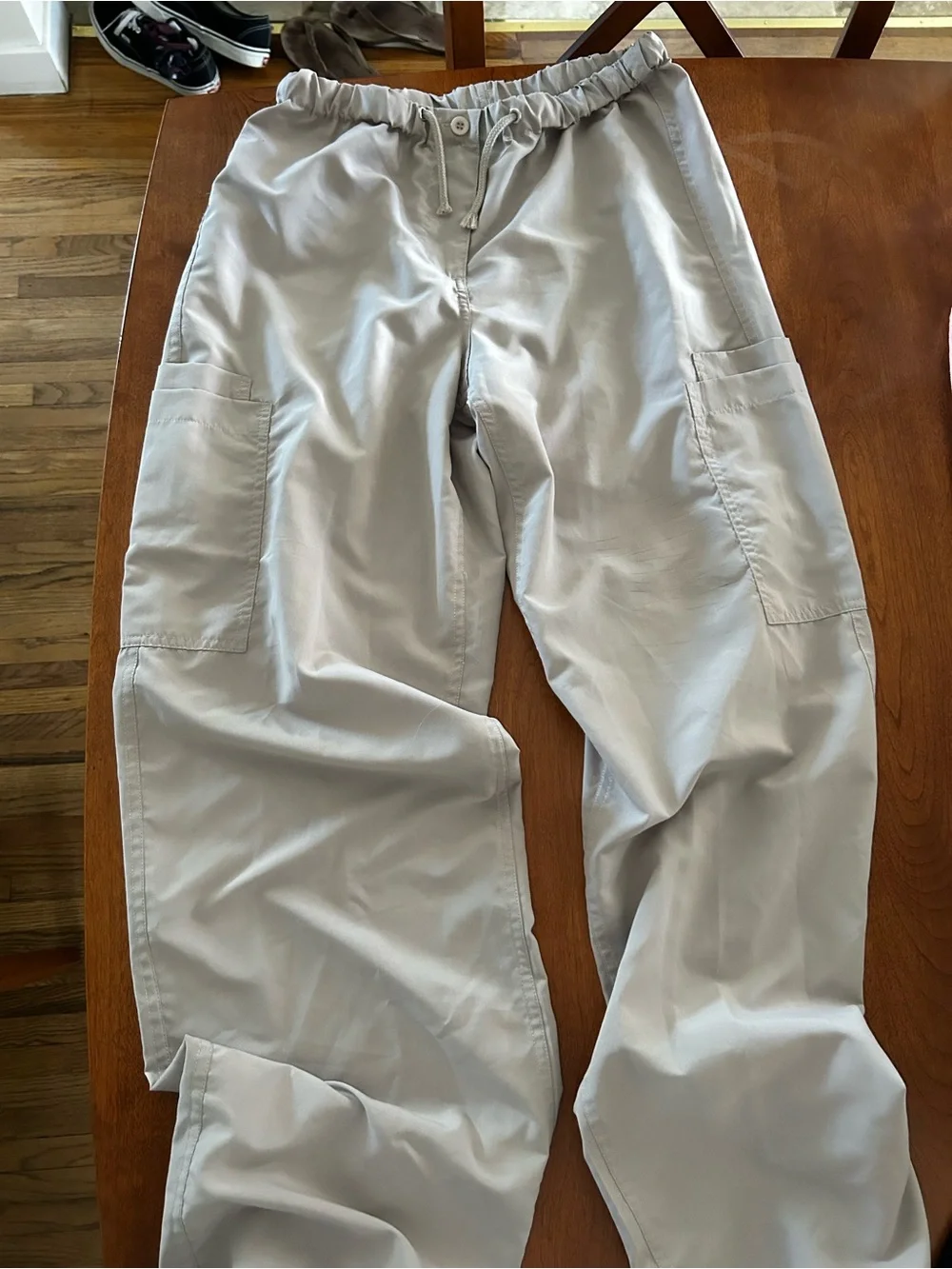 Weissman Hip Hop Dance low rise Cargo Pants in Light Taupe w/shiny puffer vest